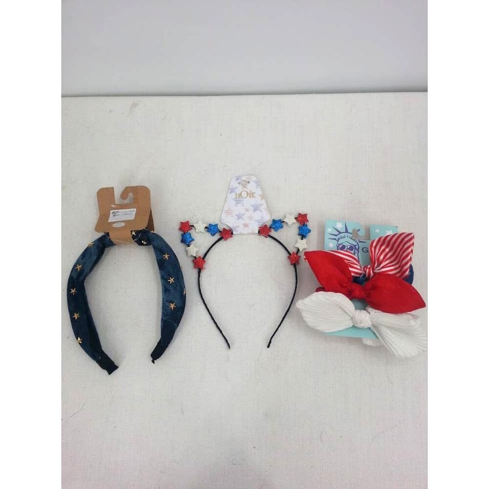 Lot of 3 Fourth of July Patriotic Red White Blue Headband Hair Tie NEW 4th Bows